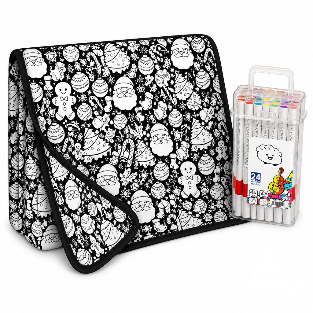 Christmas Coloring Blanket with 24 Fabric Markers – Color-In Fleece Throw Family Gift - front view