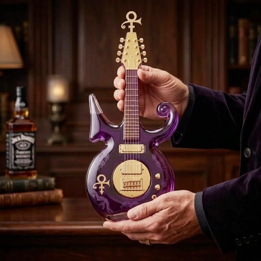 Purple Music Legend Guitar-Shaped Commemorative Bottle - front view