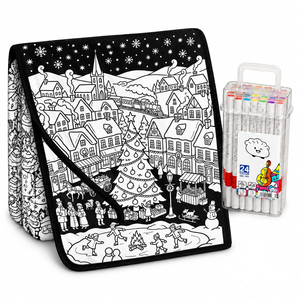 Christmas Coloring Blanket - Christmas Village design with 24 fabric markers