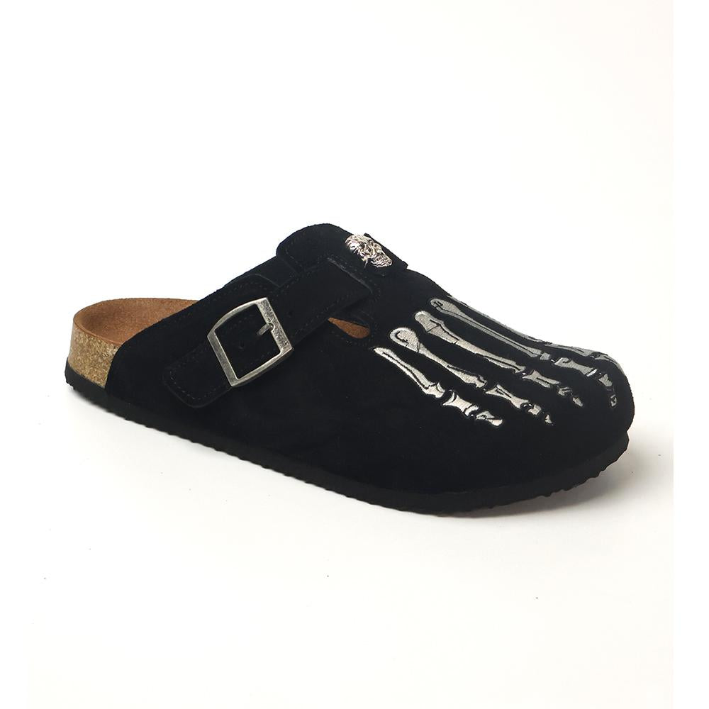 Gothic Embroidered Suede Clogs for Men - Skeleton Foot & Spider Web Cork Footbed Mules - view 8