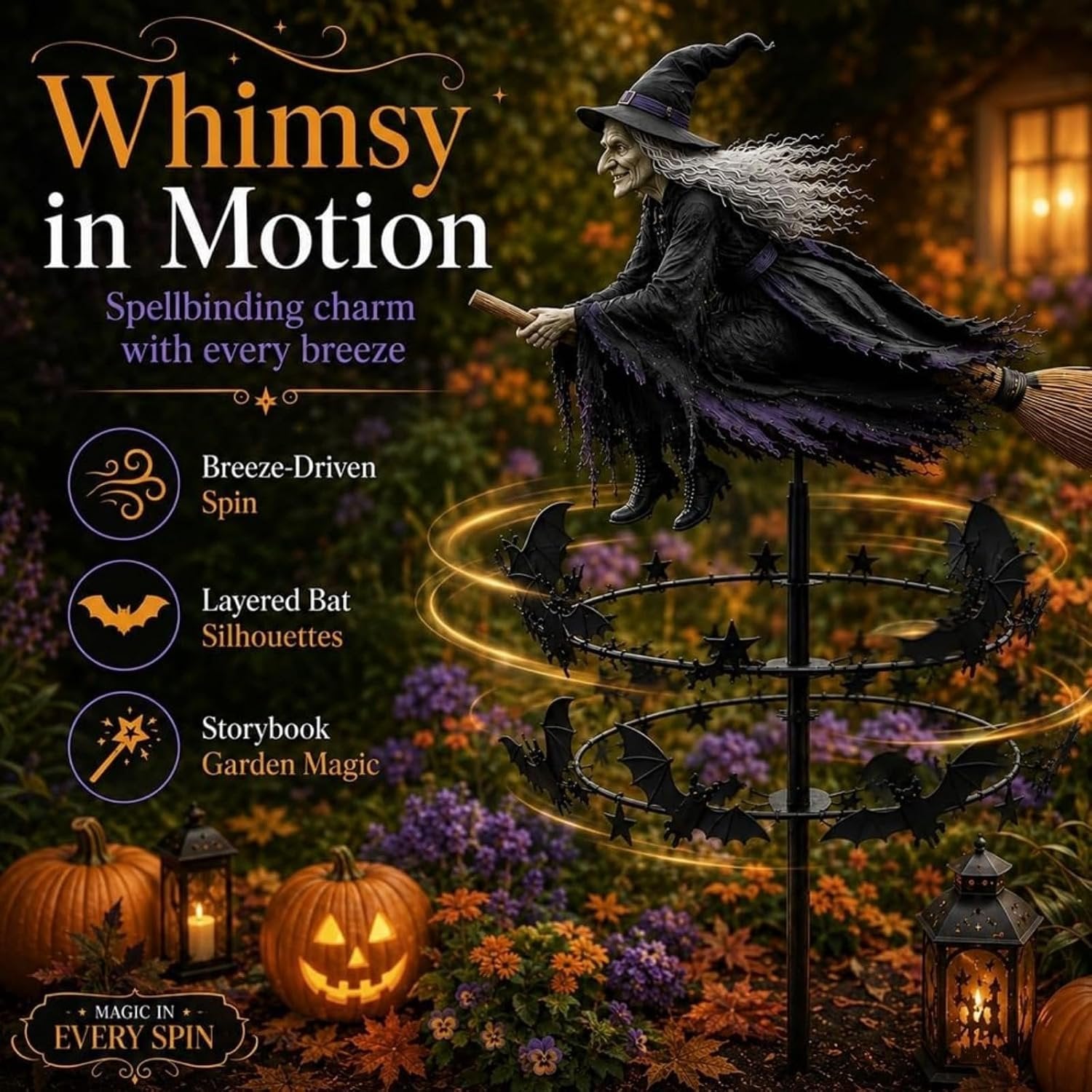 Enchanted Witch Garden Wind Spinner - Flying Witch & Bats - view 3