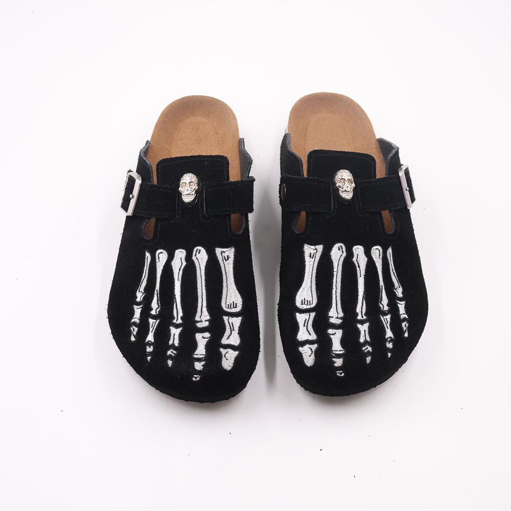 Gothic Embroidered Suede Clogs for Men - Skeleton Foot & Spider Web Cork Footbed Mules - view 5