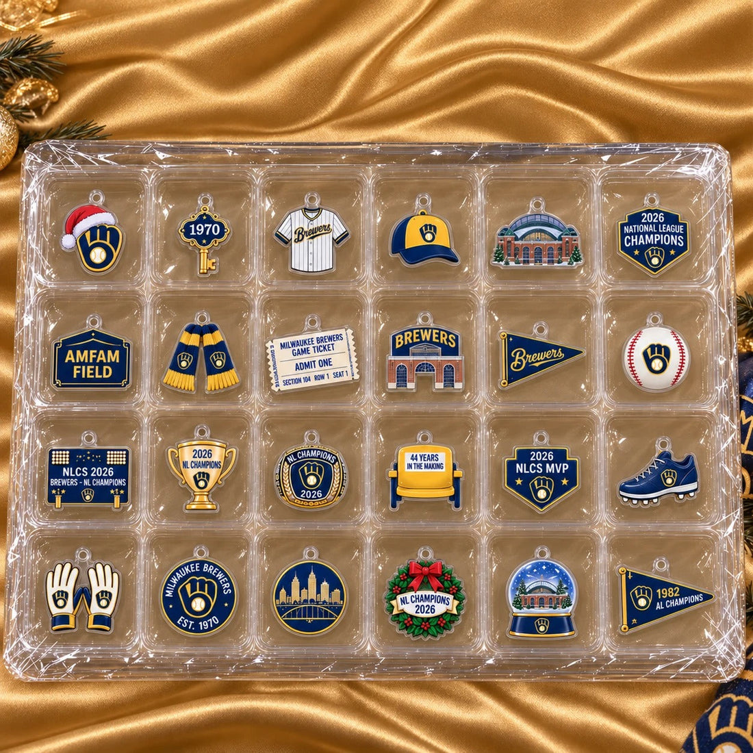 Brewers NL Champions ornaments hanging on a Christmas tree next to the advent calendar box
