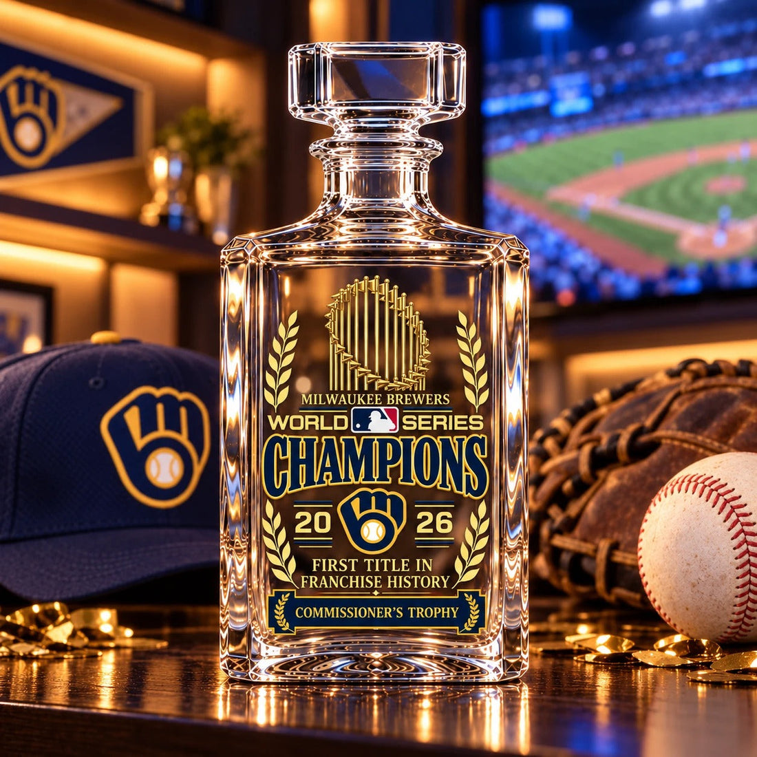 Brewers World Series Champions decanter in a fan cave with a Brewers cap, glove and baseball
