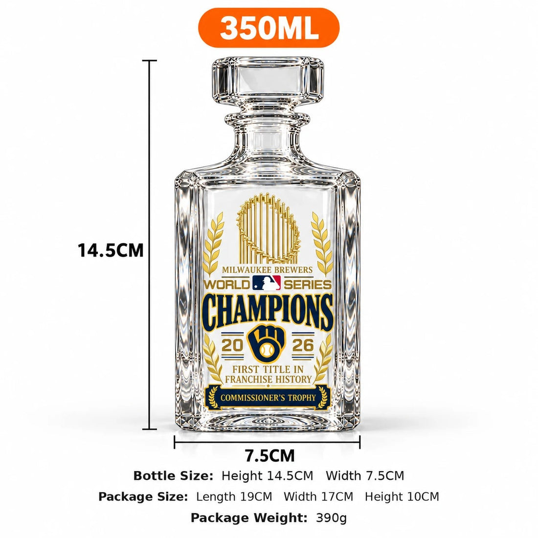Brewers World Series Champions decanter 350 ml size: 14.5 cm tall, 7.5 cm wide