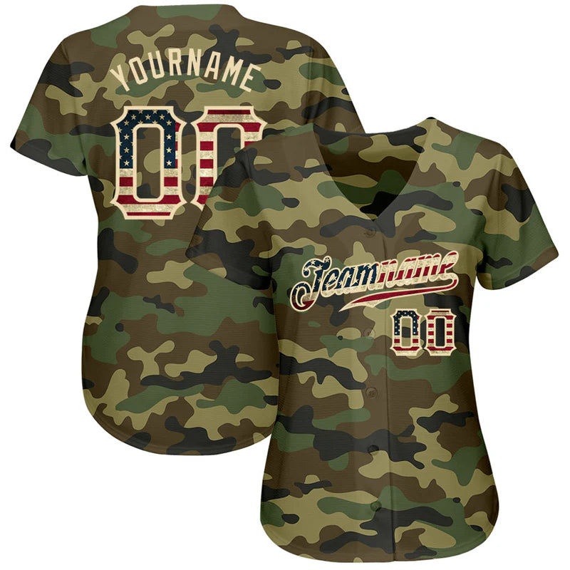 Custom Camo Vintage USA Flag-Cream Authentic Salute To Service Baseball Stitched Jersey