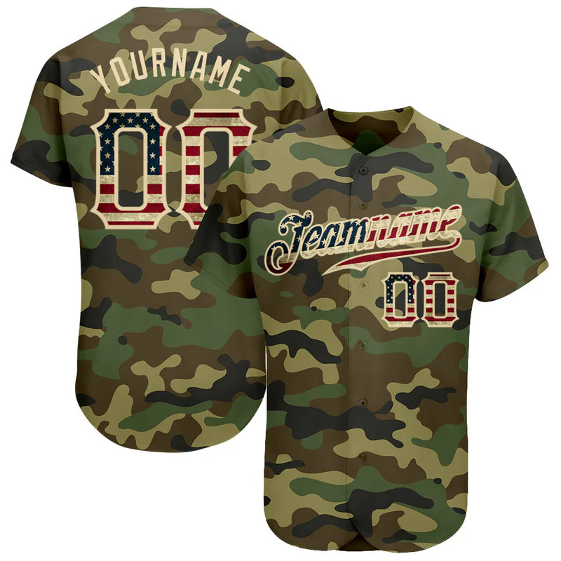 Custom Camo Vintage USA Flag-Cream Authentic Salute To Service Baseball Stitched Jersey
