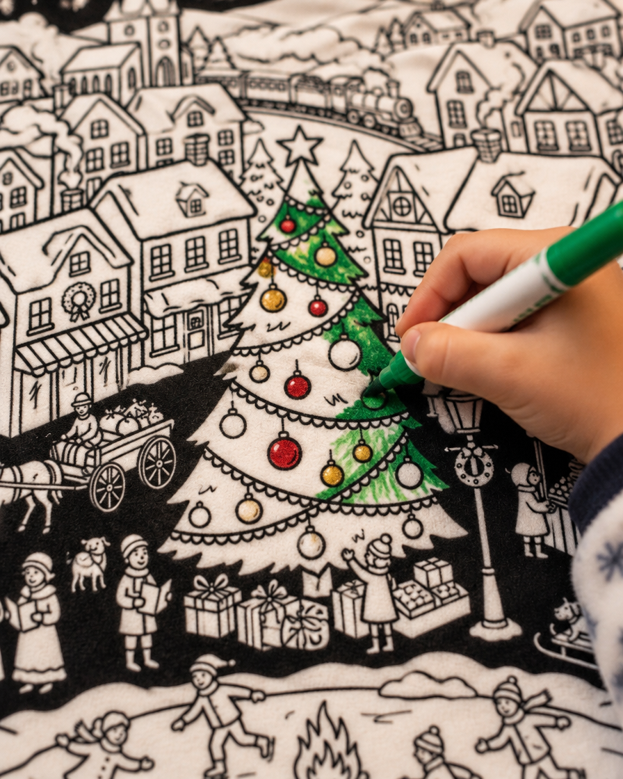Coloring the Christmas tree on the Christmas Village blanket
