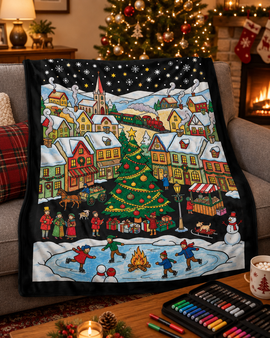 Fully colored Christmas Village fleece throw on the couch