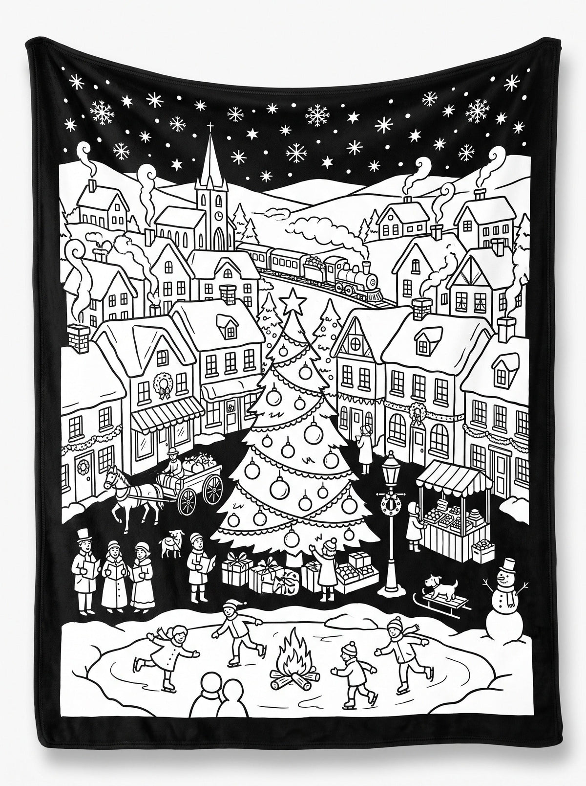 Christmas Village coloring blanket laid flat