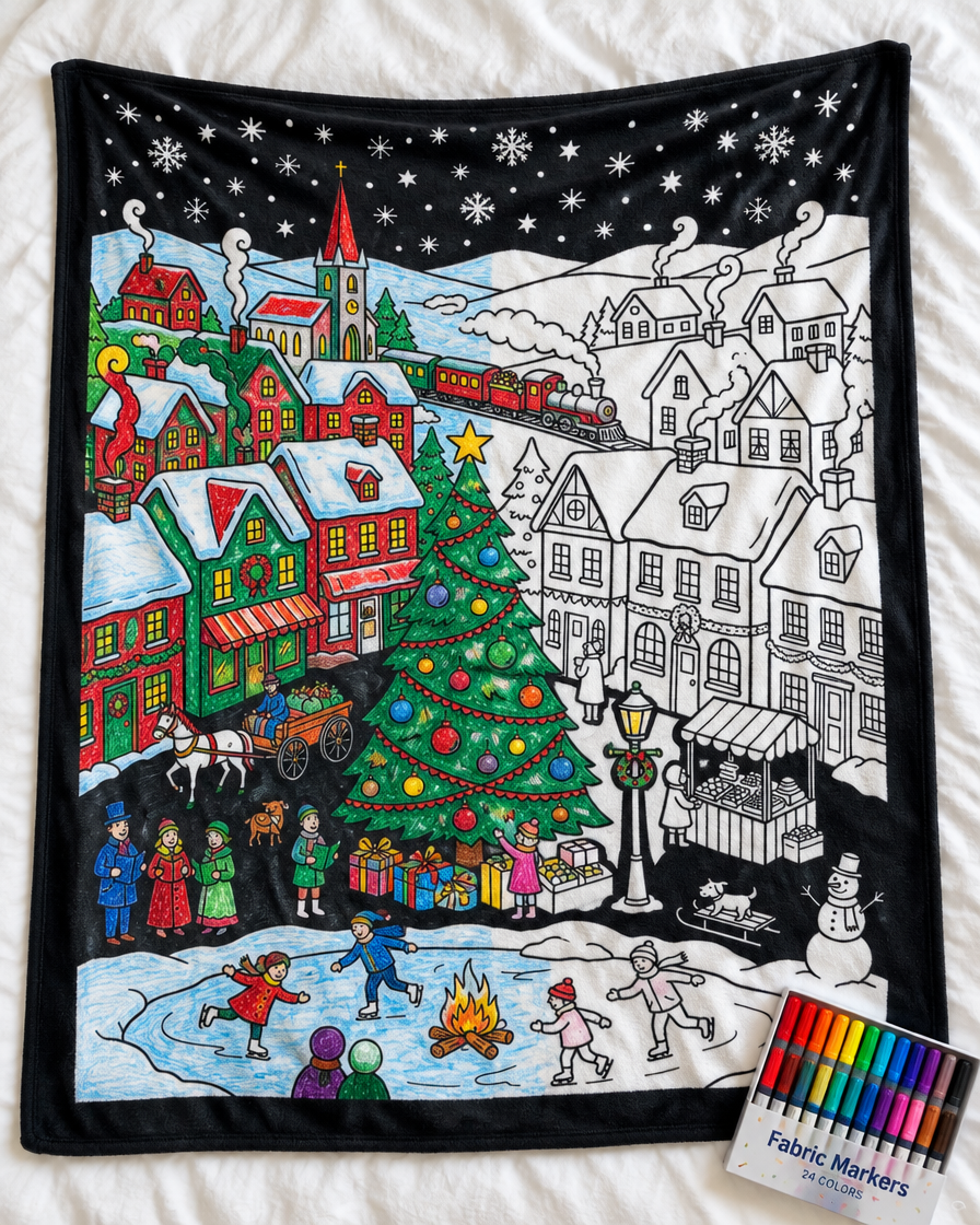 Christmas Village coloring blanket half colored in