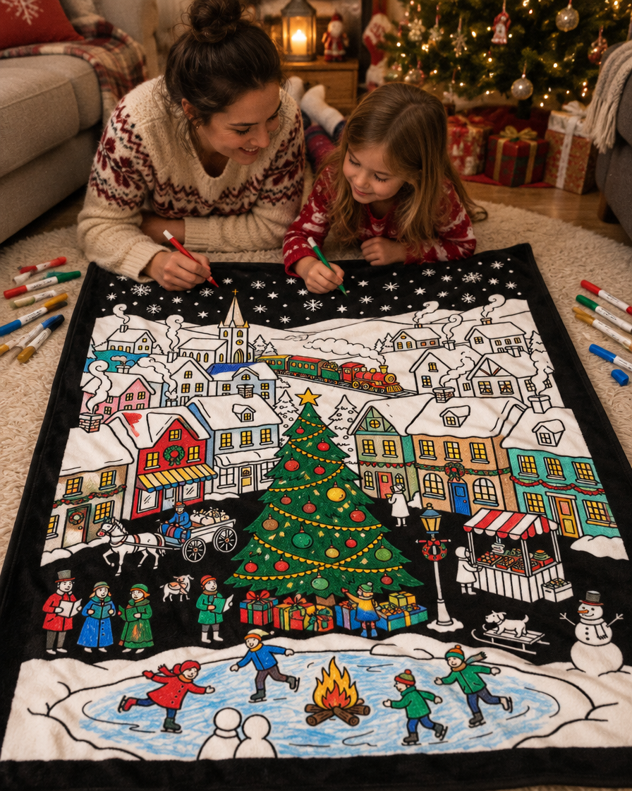 Mother and daughter coloring the Christmas Village blanket