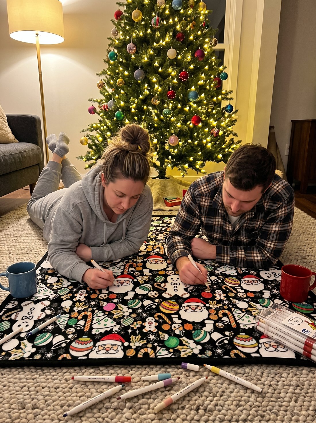 Couple coloring the Christmas blanket together on the floor