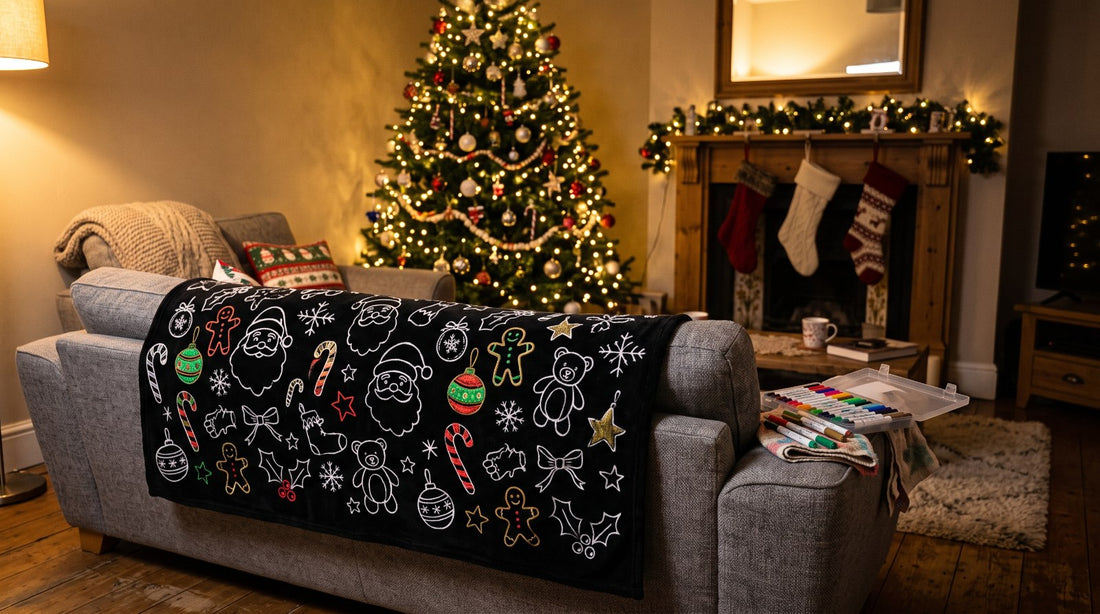 Christmas Coloring Blanket with 24 Fabric Markers – Color-In Fleece Throw Family Gift - front view