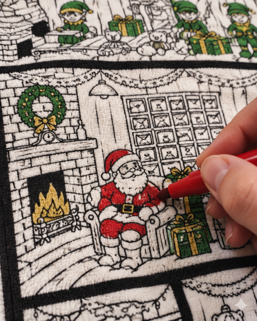 Coloring Santa by the fireplace on the Santa's Workshop blanket
