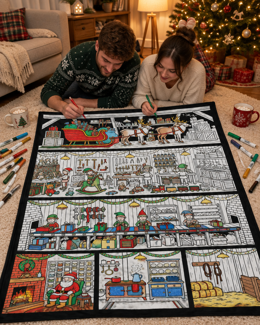 Couple coloring the Santa's Workshop blanket by the tree