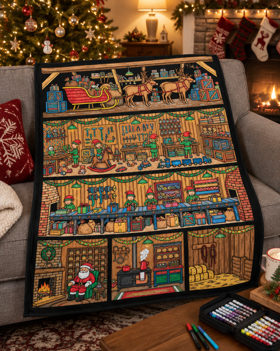 Fully colored Santa's Workshop fleece throw