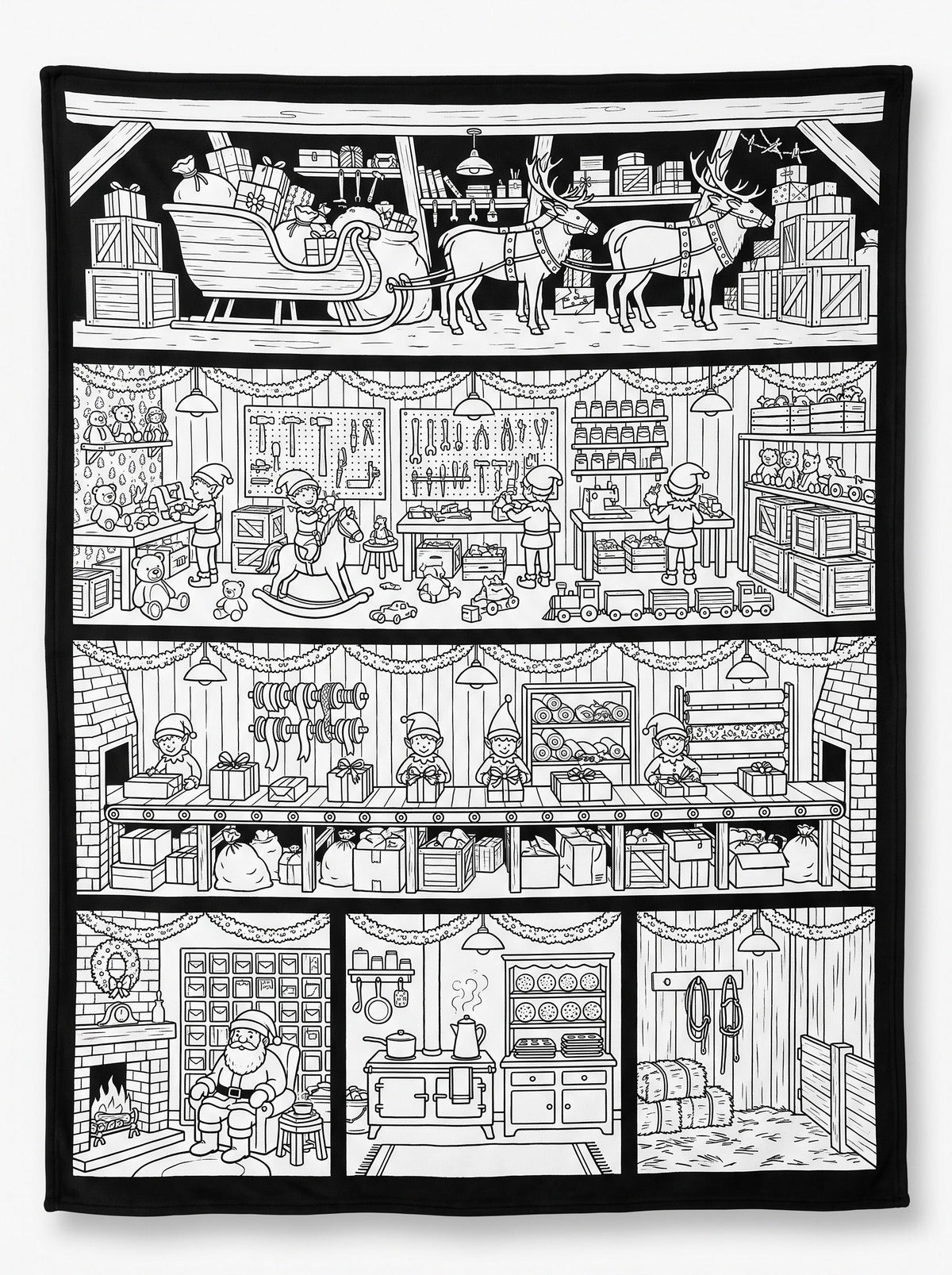 Santa's Workshop coloring blanket laid flat