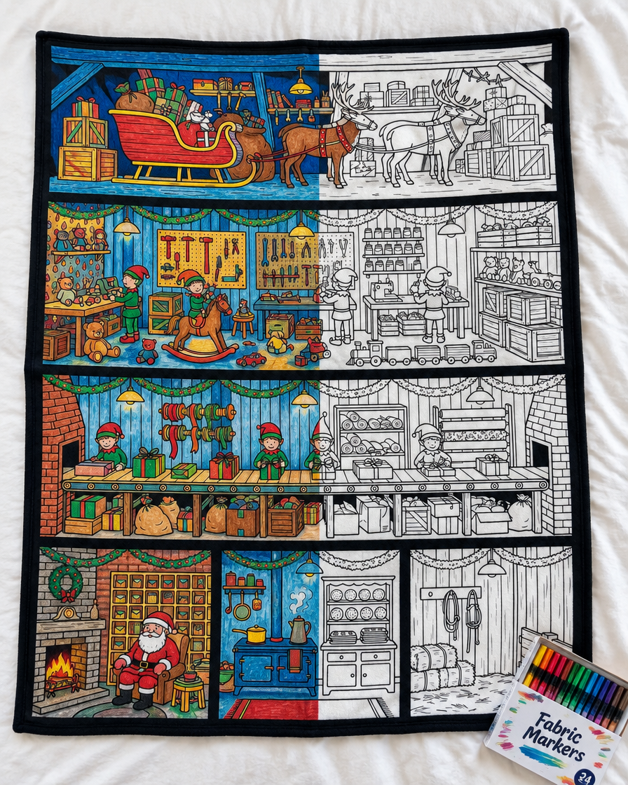 Santa's Workshop coloring blanket half colored in