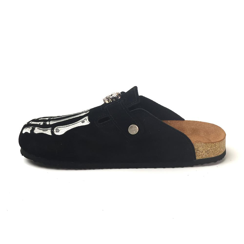 Gothic Embroidered Suede Clogs for Men - Skeleton Foot & Spider Web Cork Footbed Mules - view 9