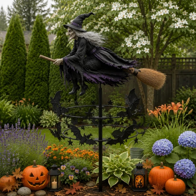 Enchanted Witch Garden Wind Spinner - Flying Witch & Bats - front view