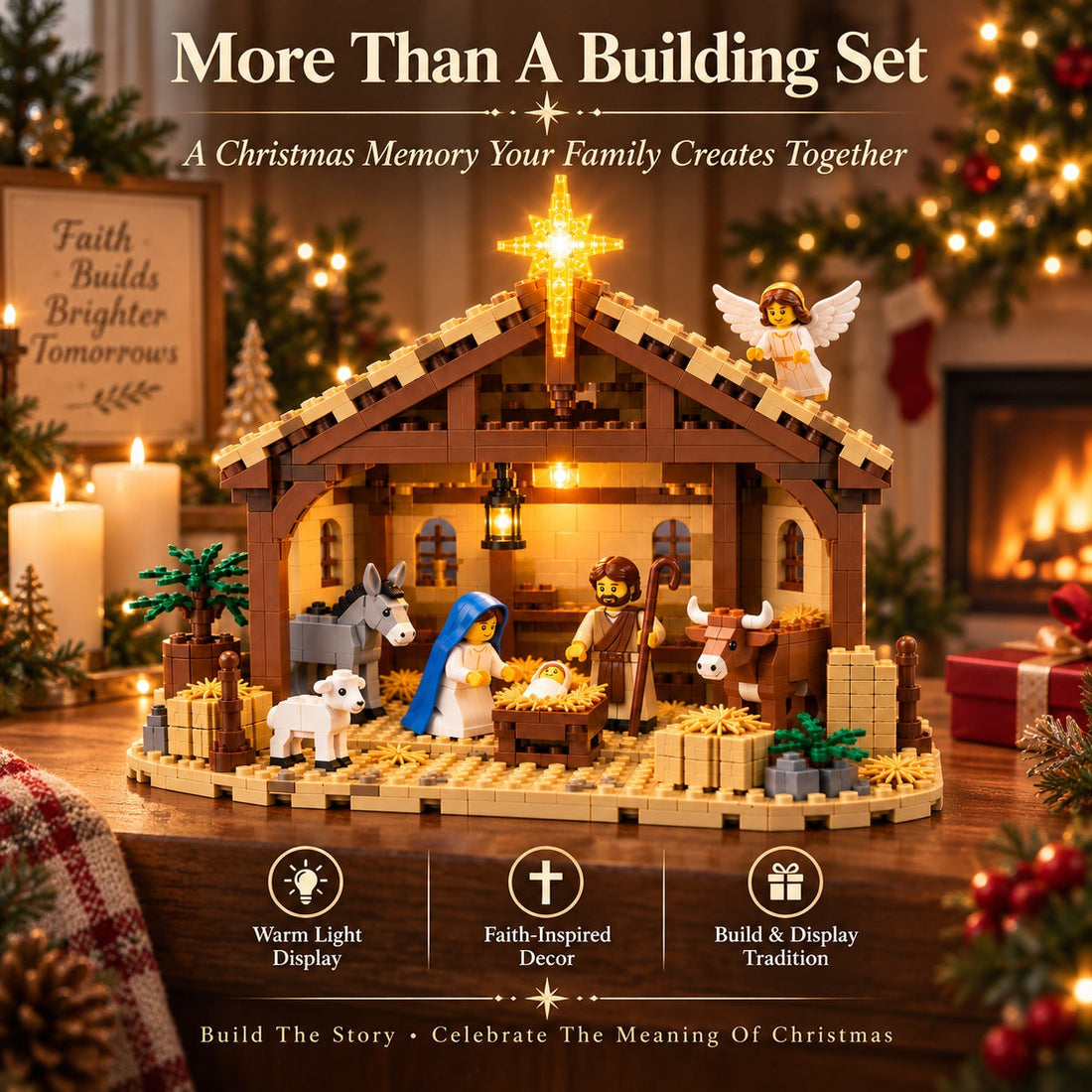 Nativity Story Building Brick Set with Light-Up Bethlehem Star – Christmas Nativity Scene - front view