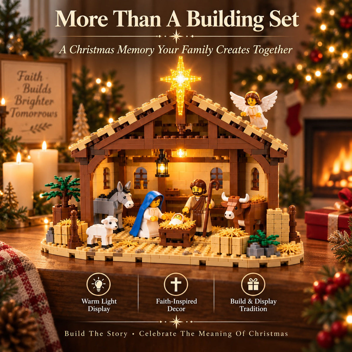 Nativity Story brick set - stable with glowing Bethlehem Star, Holy Family, angel and animals