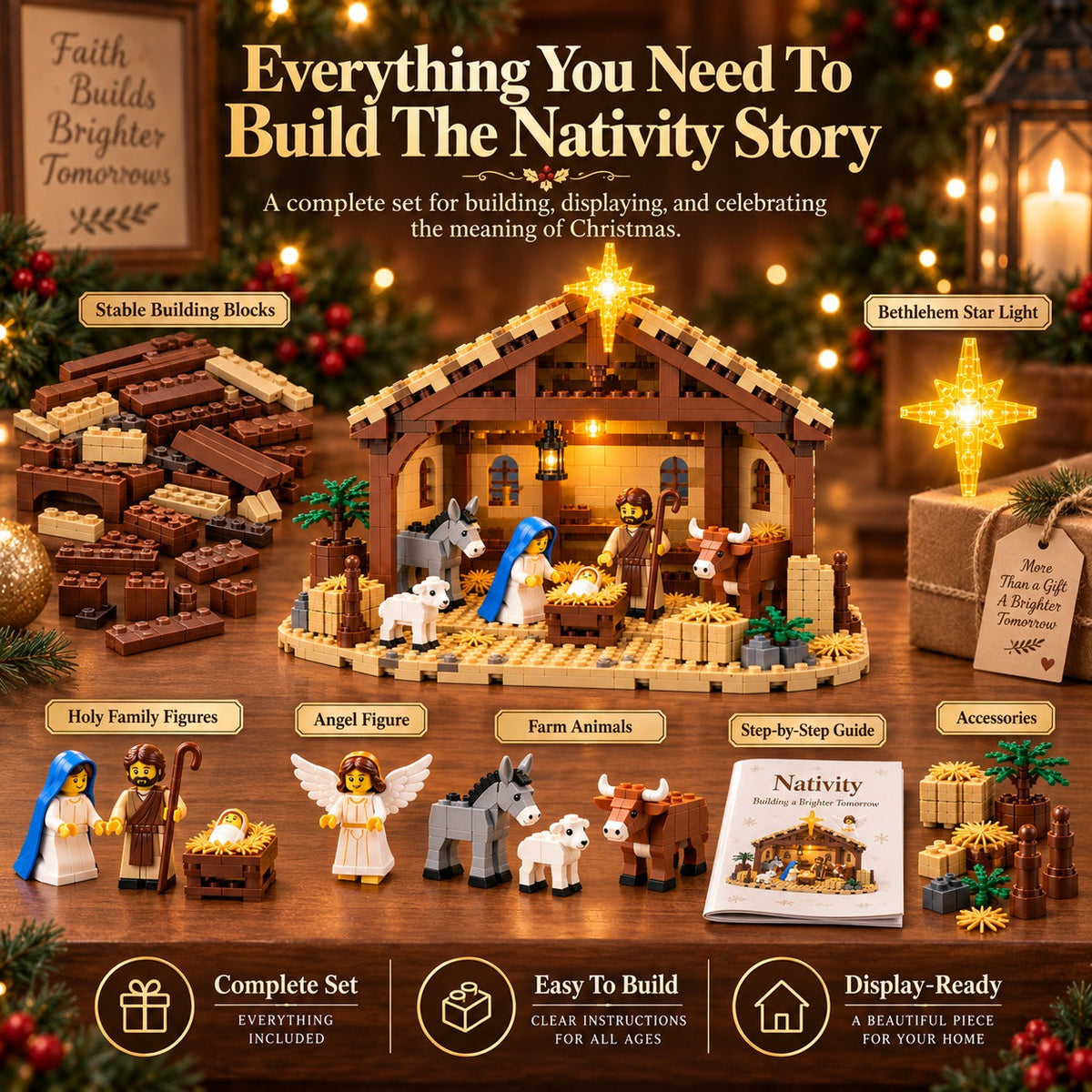 Everything included in the Nativity Story Building Brick Set - stable bricks, figures, animals, star light and instructions