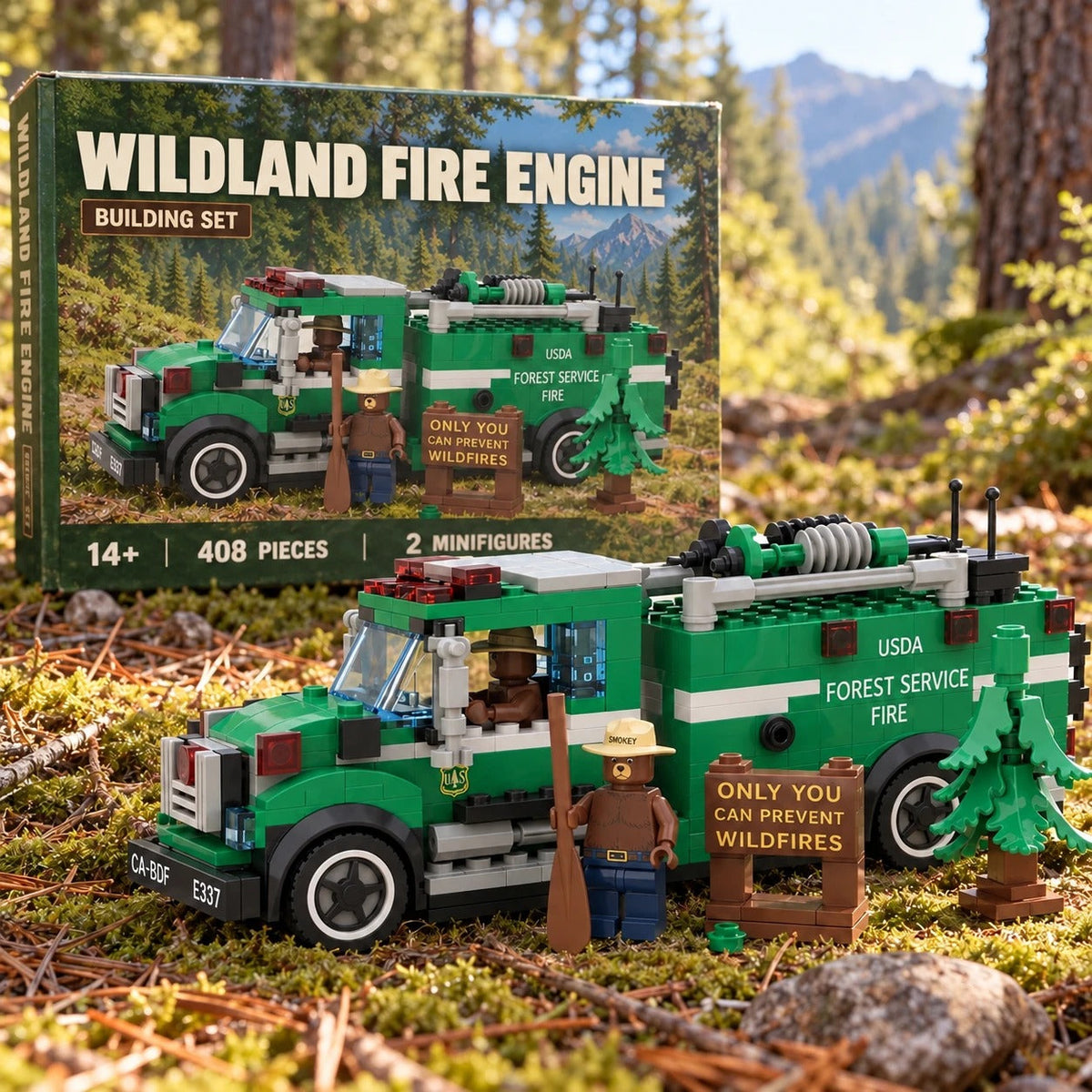 Wildland Fire Engine Building Set – 408-Piece Green Forest Fire Truck with 2 Minifigures - front view